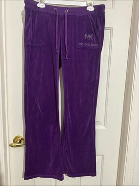 Michael Kors Purple Velour Track Pants with Rhinestone MK Logo